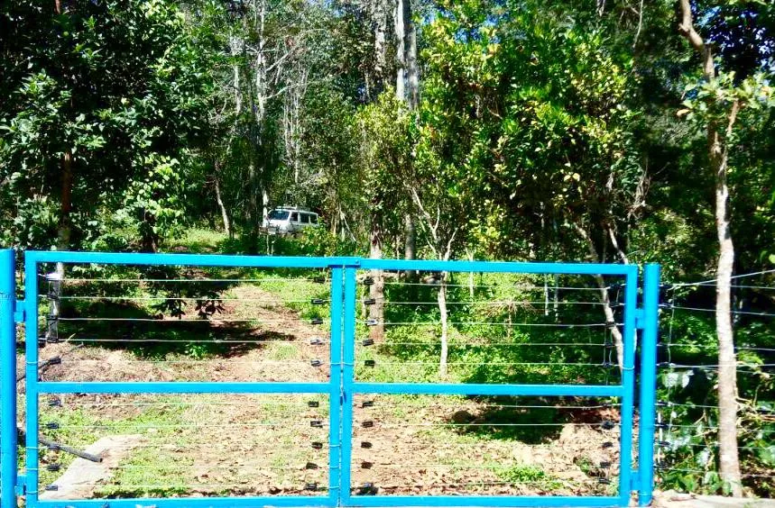 The second blue gate, the vehicle entry to Rahsun Estates, with a vehicle parked among the trees beyond