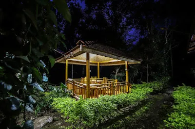 The dining gazebo lit up at night, surrounded by dark trees